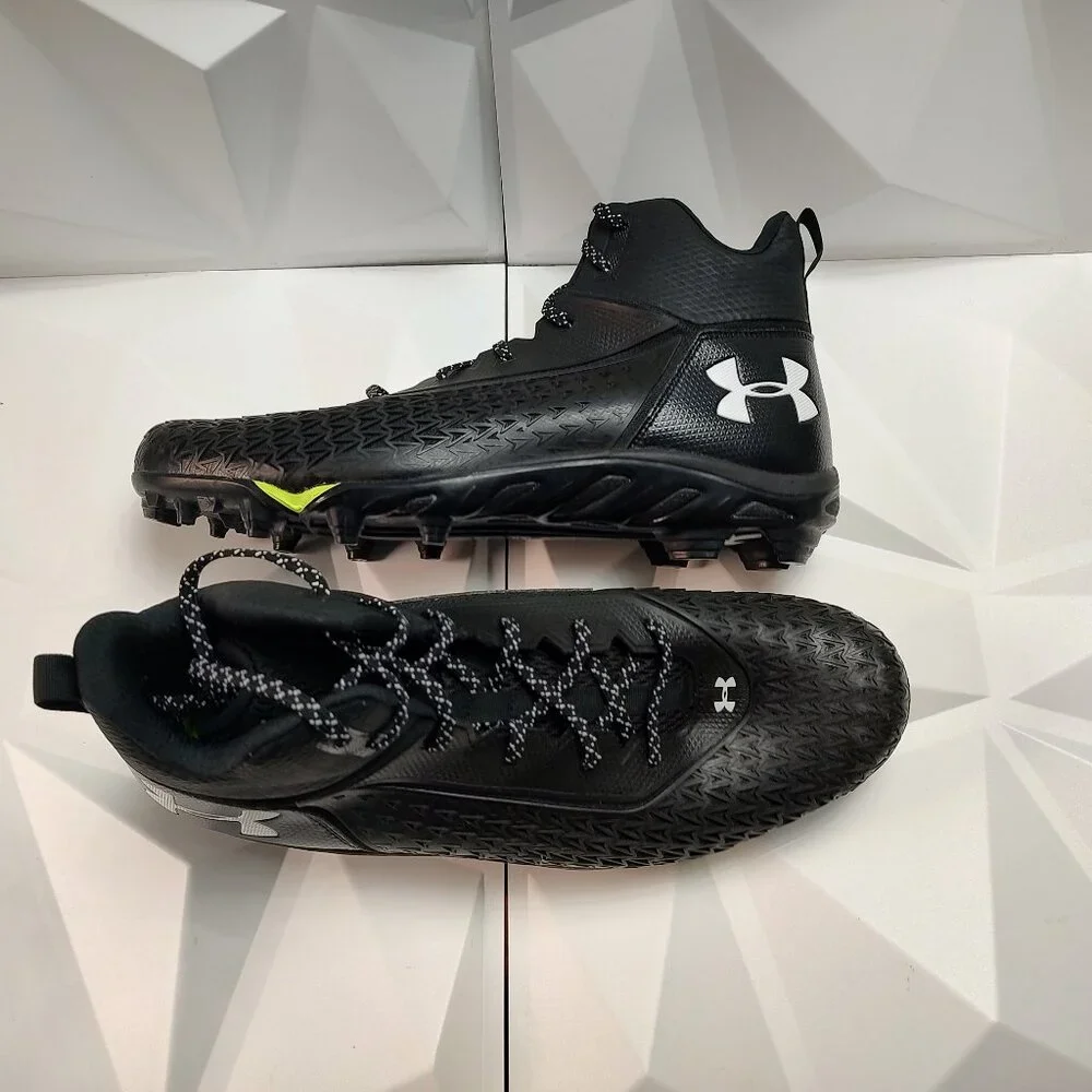 Under Armour Mens Football Cleat 16 Black White Shoe Lacrosse High Molded - Picture 11 of 14